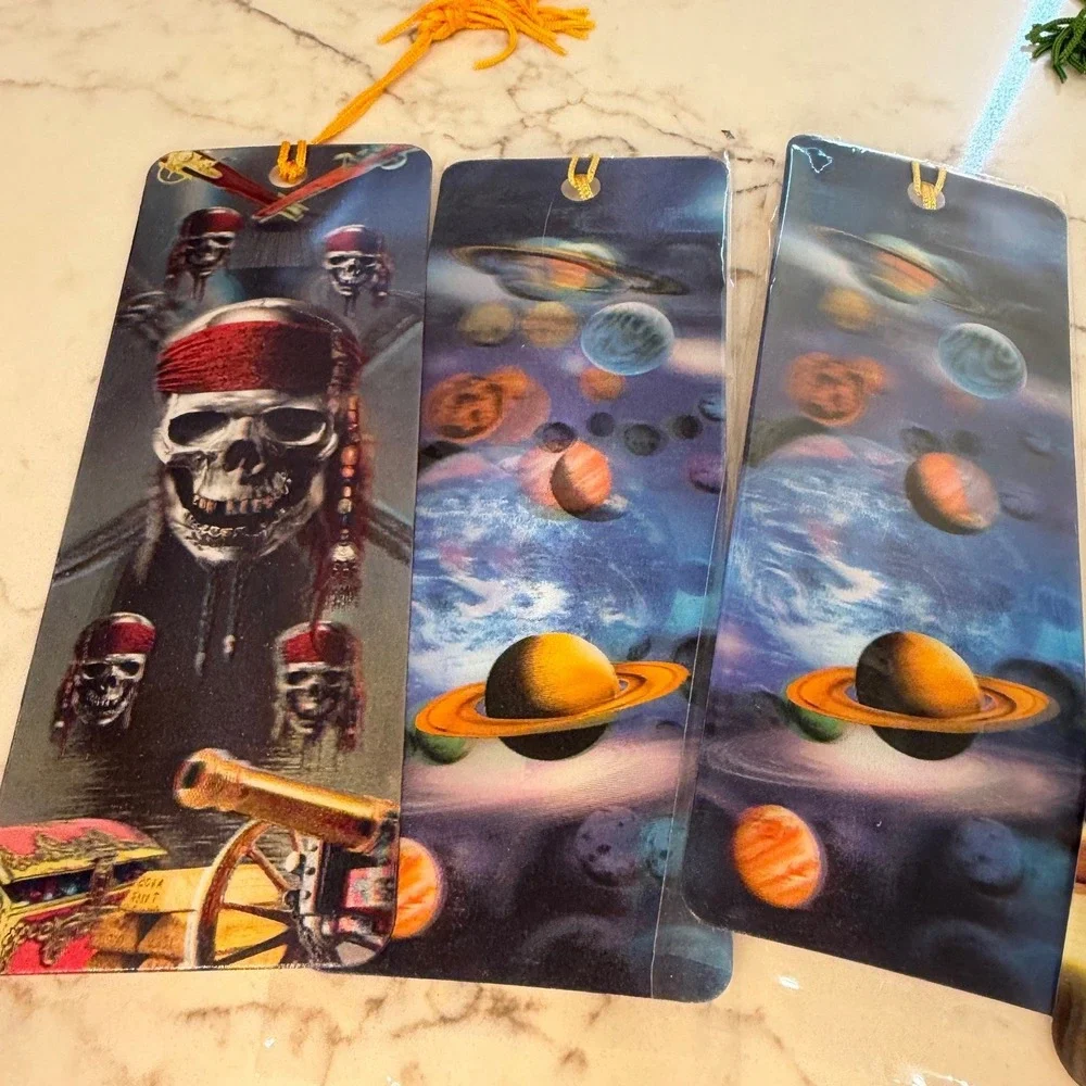 Vintage Advanced 3D Lenticular Bookmarks Lot of 4 Pirate Space Wine Tassels